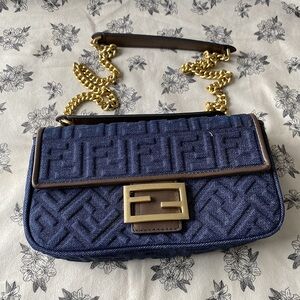 Fendi Baguette Series Denim Ff Embossed Baguette Bag